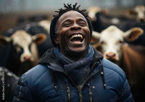 African American Dutch farmer in his stable with cows in the background