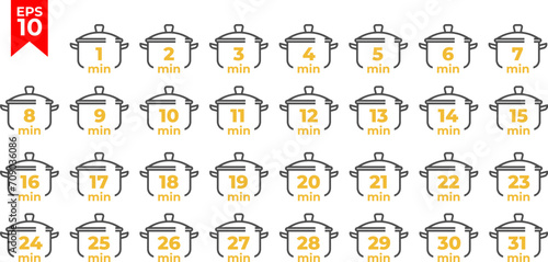 Cooking time and pot line icon set. Cook for 1, 2, 3, 4, 5, 6, 7 minutes. Flat design. Vector illustration