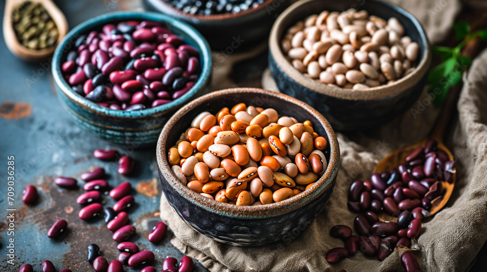 different varieties of beans and legumes. Selective focus.