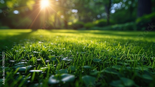 Green grass field with sunlight creating dynamic shadows close up shot photo