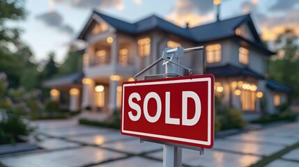 House for sale, sign says "SOLD" with blurred house on background