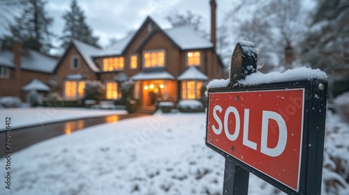 House for sale, sign says "SOLD" with blurred house on background