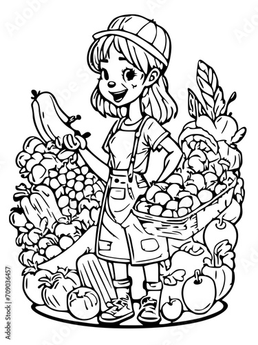 Farmer's Market Darling A coloring page featuring a cartoon girl selling farmfresh produce, showcasing a colorful array of fruits and vegetables, black and white svg, 13
