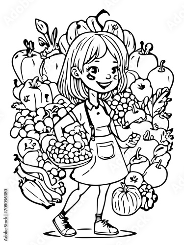 Farmer's Market Darling A coloring page featuring a cartoon girl selling farmfresh produce, showcasing a colorful array of fruits and vegetables, black and white svg, 13