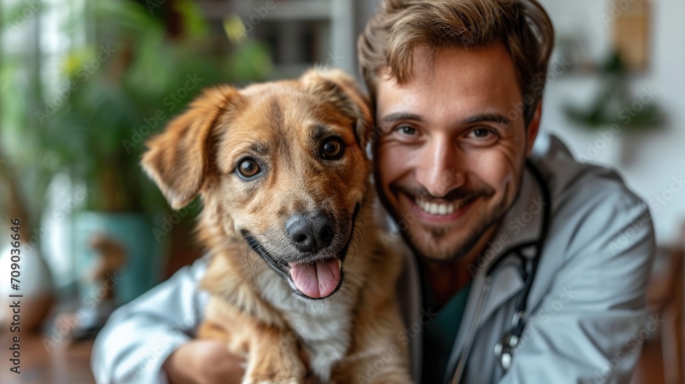 Man veterinarian holding a dog Man veterinarian holding a dog