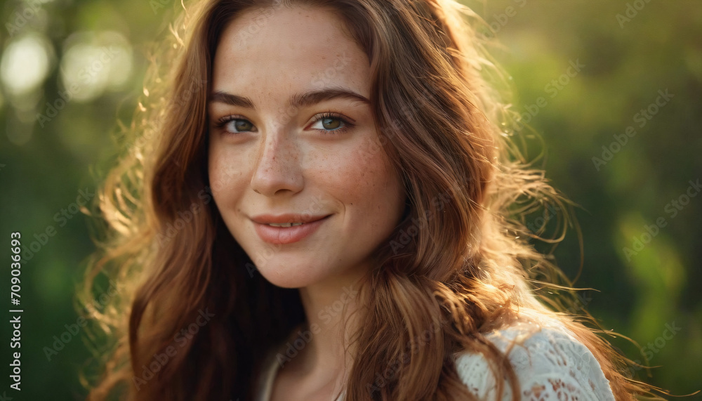 Young Woman with Freckles and Radiant Smile: Emerald-Eyed Portrait in Soft Light Young Woman with Freckles and Radiant Smile: Emerald-Eyed Portrait in Soft Light
