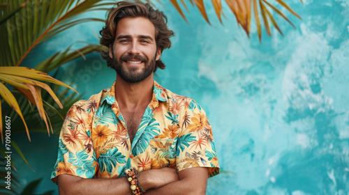 man is so ready to vacation funny picture of man wearing hawaii shirt and shorts tropic background