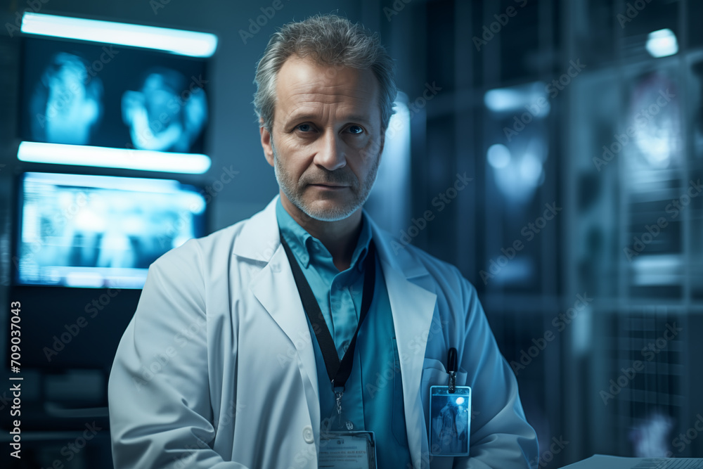Portrait of male experienced doctor in operation room, against the backdrop of a white office and x-ray pictures. Generative AI - obrazy, fototapety, plakaty 