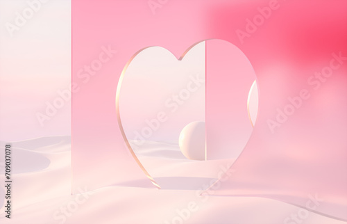 Romantic scene with heart shaped frame on winter landscape background. 3d rendering