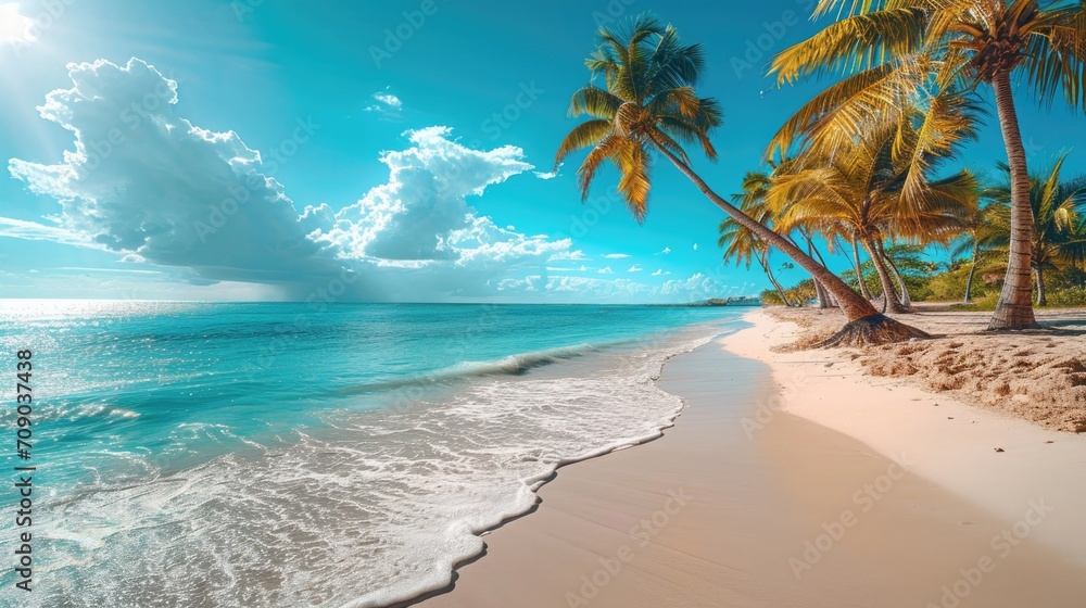 View of palm trees and sea at bavaro beach, punta cana, dominican republic, west indies, caribbean, central america. beautiful island - obrazy, fototapety, plakaty 