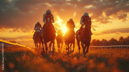 horse in sunset. Traditional European sport. Horse jockeys racing down the track during sunset cinematic