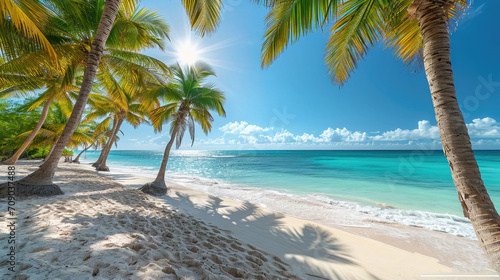 View of palm trees and sea at bavaro beach, punta cana, dominican republic, west indies, caribbean, central america. beautiful island
