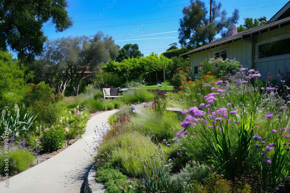 Fototapeta premium Gartenidylle: Eine harmonische Gartenlandschaft voller Blütenpracht und natürlicher Entspannung, eingefangen in einem bezaubernden Bild für Ihre Kreativprojekte