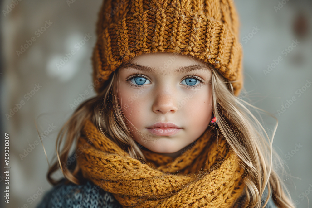 A young girl with sparkling blue eyes and a warm smile wears a winter hat. Red-haired girl with blue eyes in a woolen hat and scarf under the snow A young girl with sparkling blue eyes and a warm smile wears a winter hat. Red-haired girl with blue eyes in a woolen hat and scarf under the snow