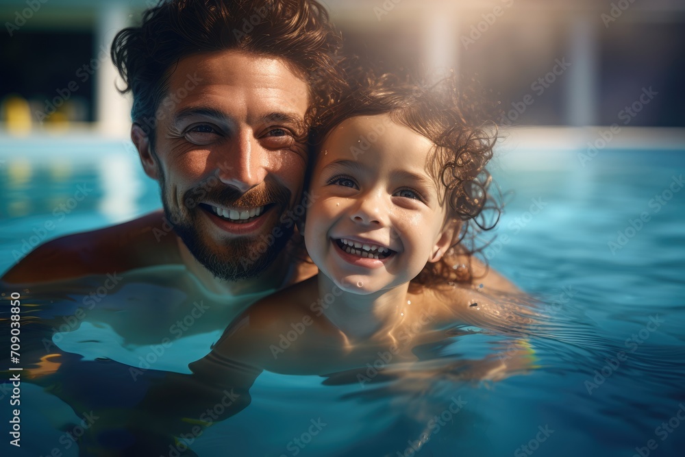 parent and child share a warm, joyful embrace in the pool, surrounded by the golden glow of sunlight, blurred background
