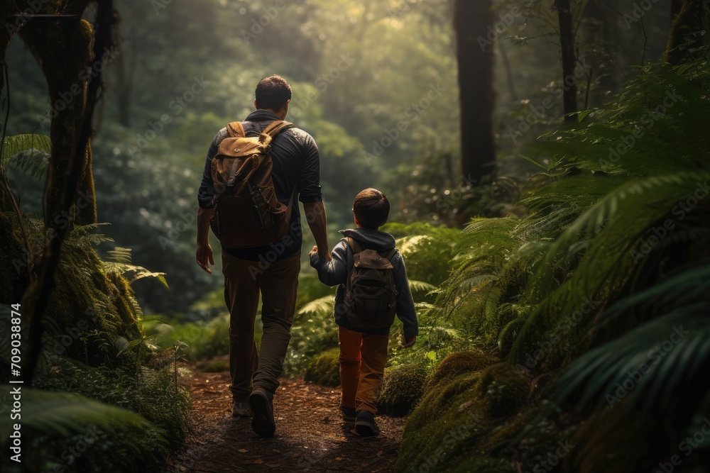 father and a young son with backpacks walk through a lush forest bathed in soft sunlight, blurred background