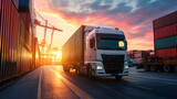 truck and shipping containers in logistics operations at sunset