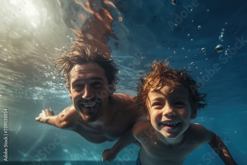 father and a young son are swimming underwater, their faces lit with smiles in the clear blue water photo