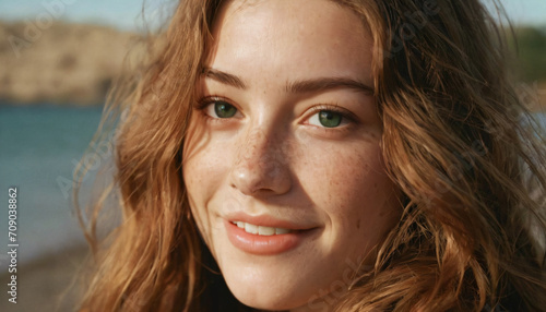Young Freckled Woman with Wavy Hair and Beaming Smile in Soft Green Light  - Headshot Portrait at Beach © Artur