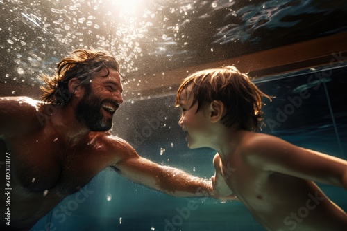 father and a young son are swimming underwater, their faces lit with smiles in the clear blue water