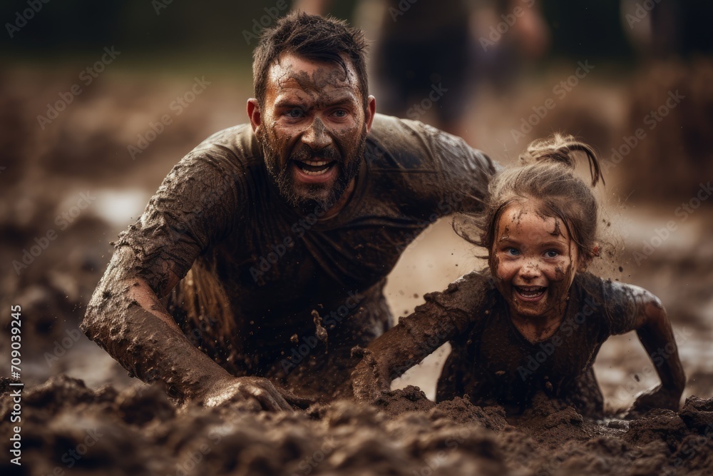 father and daughter covered in mud crawl determinedly during a mud run, faces alight with fierce joy and the thrill of the challenge, blurred background - obrazy, fototapety, plakaty 