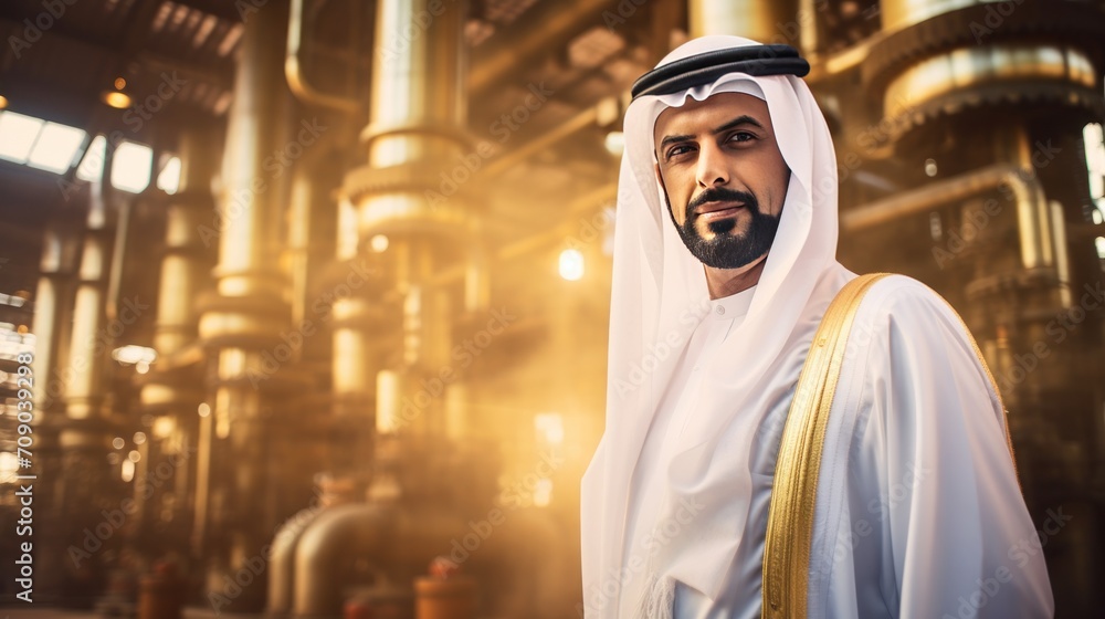 Arabic man in traditional Arabic clothes in front of oil refinery