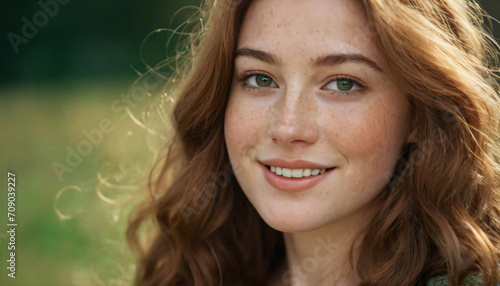 Young Woman with Freckles and Red Hair Smiling, Emerald Green Eyes - Headshot Portrait