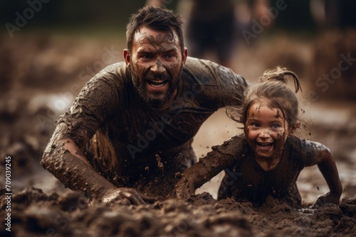 father and daughter covered in mud crawl determinedly during a mud run, faces alight with fierce joy and the thrill of the challenge, blurred background photo