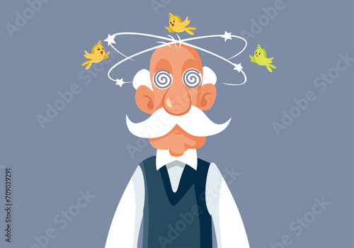 Elderly Man Feeling Dizzy with Birds Around his Head Vector Cartoon. Tipsy disoriented grandpa feeling confused and unsteady 
