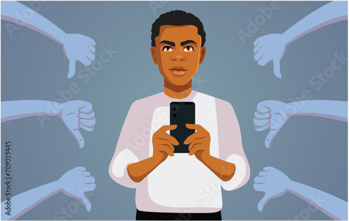 Man of African Ethnicity Reading Upsetting Online Comments Vector Drawing. Young person receiving hate and harassment on social media nowadays 
