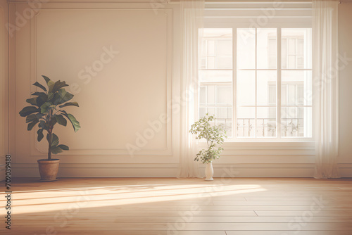 Spacious, empty room with large window. Bright, minimalistic interior. Ideal for various designs or concepts
