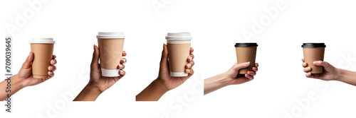 Set of A woman hand holding a paper glass of coffee isolated on a transparent background photo