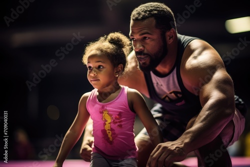 father gently introduces his toddler daughter to wrestling  their expressions focused and joyful  in a moment of shared strength and playful learning