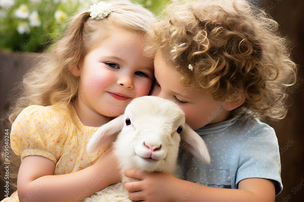Beautiful children with a little lamb in the meadow Beautiful children with a little lamb in the meadow