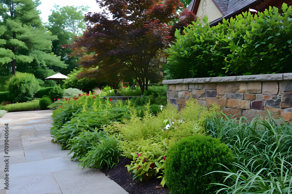 Fototapeta premium Gartenidylle: Eine harmonische Gartenlandschaft voller Blütenpracht und natürlicher Entspannung, eingefangen in einem bezaubernden Bild für Ihre Kreativprojekte