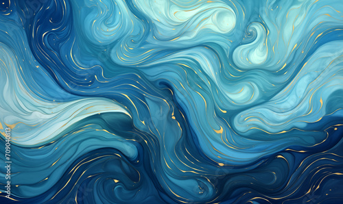 Blue and gold marble texture background. Fluid art.