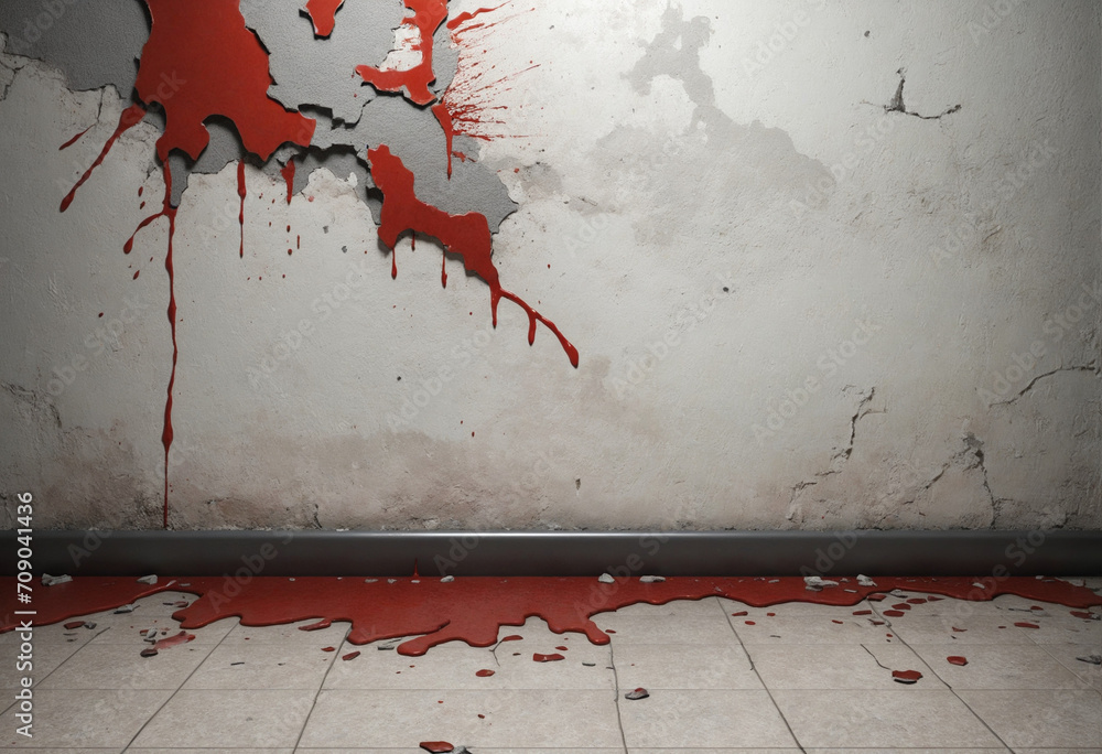 Creepy Halloween Themed Bloody Wall and Floor with Grungy and Broken Concrete Bricks, Symbolizing Terror and Fright. - obrazy, fototapety, plakaty 