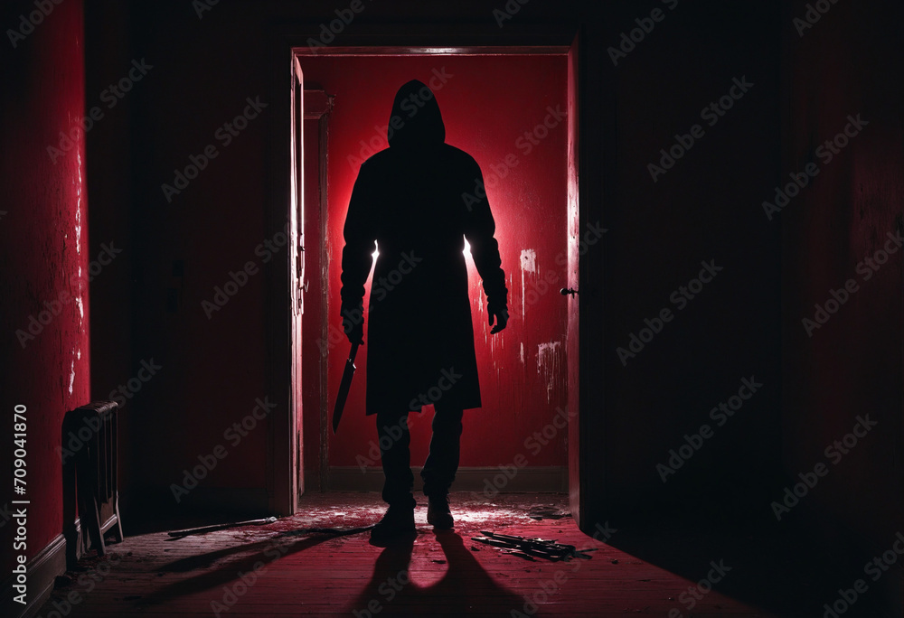 Spooky figure holding a blade in a dimly lit, deserted structure. A chilling tale of a deranged individual.
