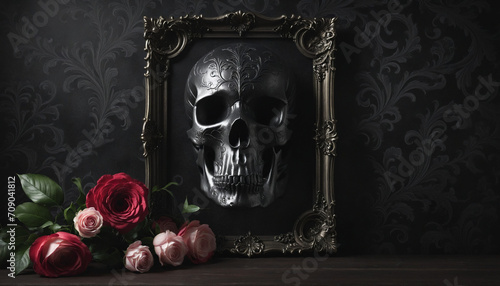 Spooky Baroque Halloween Background with Skulls and Flowers