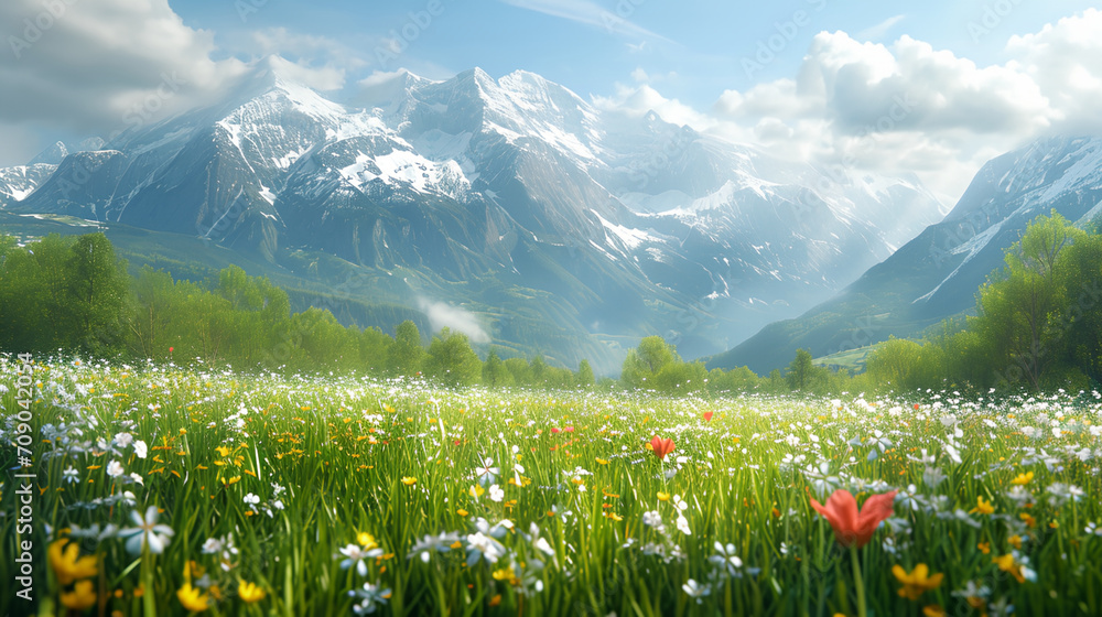 Fototapeta premium Blooming flowers in meadow fields with snow mountains background. Early spring season