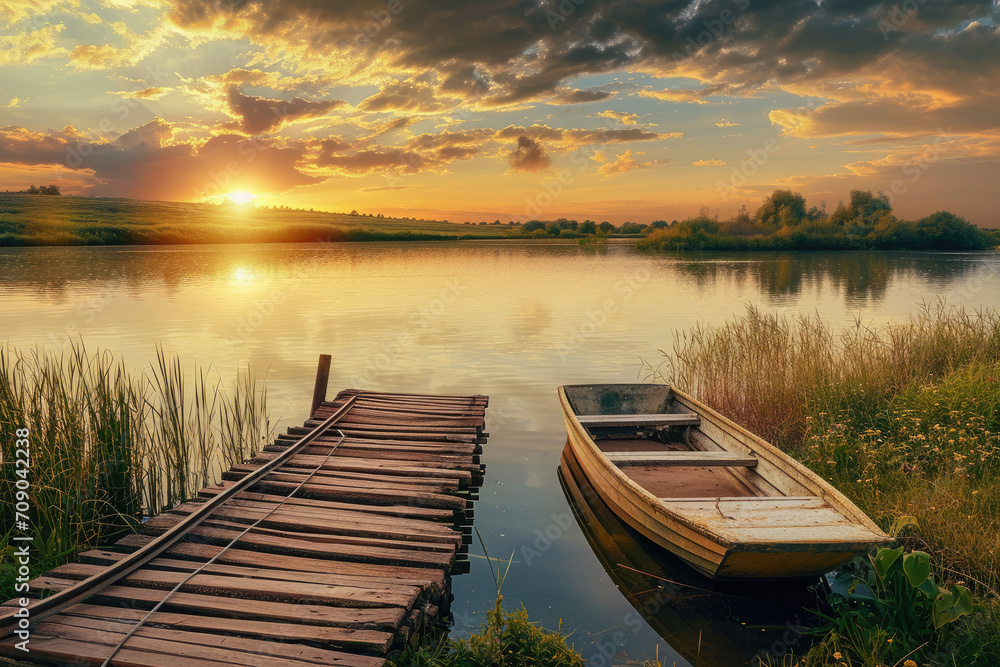 Obraz premium Beautiful lake landscape with row boat and old wooden lake bridge with beautiful sky and cloud background, place for rest and relax, calm water with fresh environment.