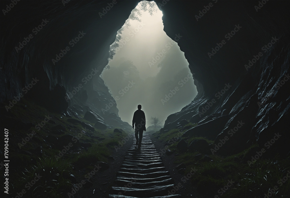A man walking through a dark valley toward the heavenly light trusting in God  Illustration - obrazy, fototapety, plakaty 