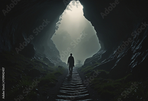A man's journey through a dark valley towards heavenly light photo