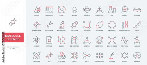 Molecular structure in scientific physics and chemistry research line icons set. Model of molecule with chains and atoms network, particles thin black and red outline symbols, vector illustration