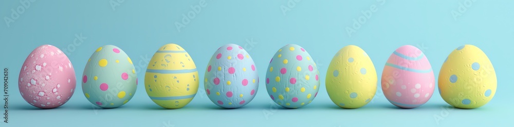 Colorful decorated easter eggs in line group. Easter background