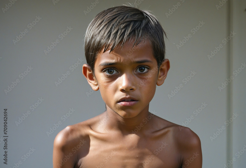 Hungry young boy gazes into the camera Hungry young boy gazes into the camera