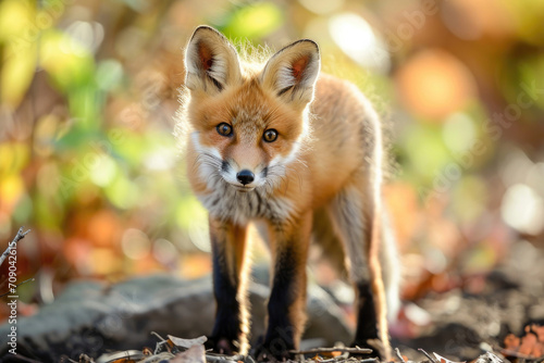 A curious red fox pup, with its fluffy orange fur and bright eyes, investigates its surroundings