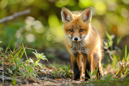 A curious red fox pup  with its fluffy orange fur and bright eyes  investigates its surroundings