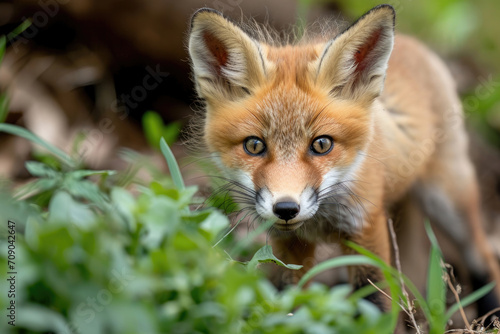 A curious red fox pup, with its fluffy orange fur and bright eyes, investigates its surroundings © Veniamin Kraskov