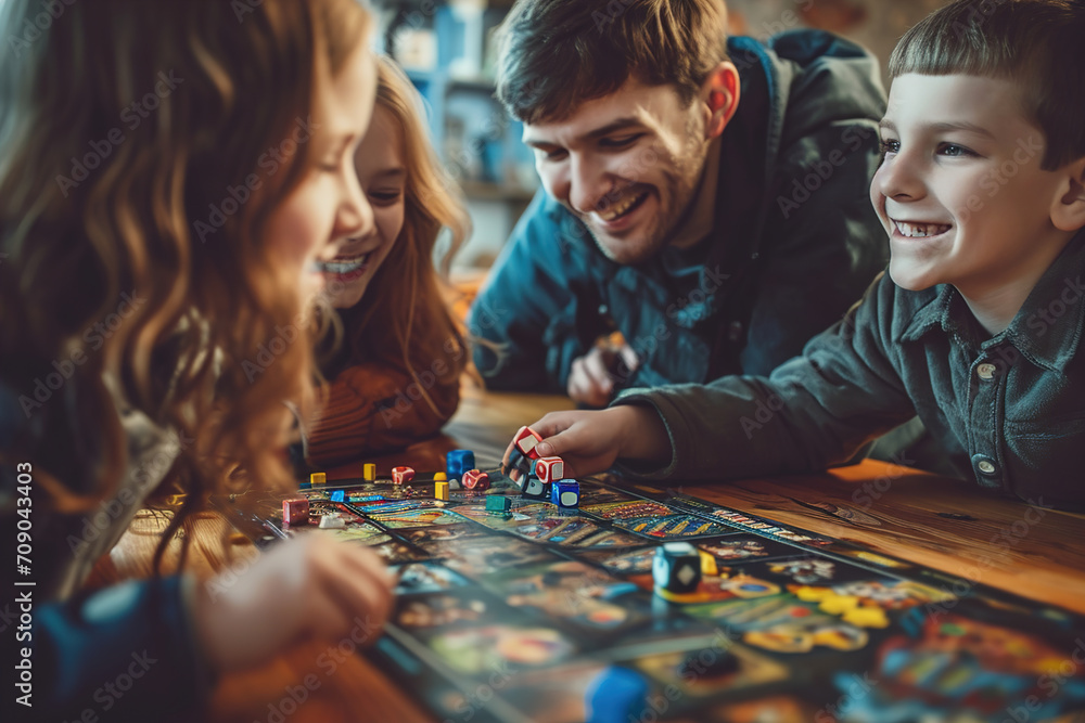 Fototapeta premium Family Playing board games or card games encourages cooperation, communication, and understanding of each other's emotions during wins and losses.